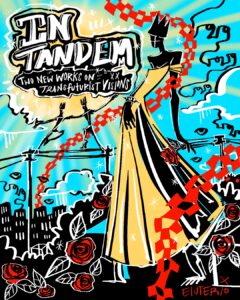A graphic image of a person in a gold dress with red chains and the words "In tandem"
